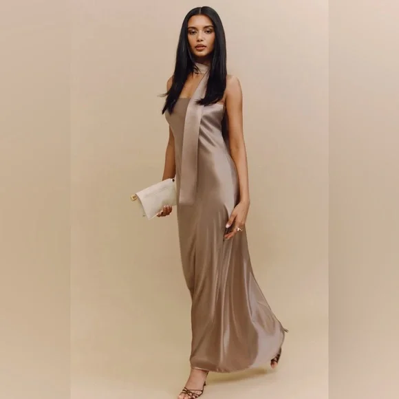 Reformation Satin Strapless Midi Dress in Rose Gold - Picture 8 of 9